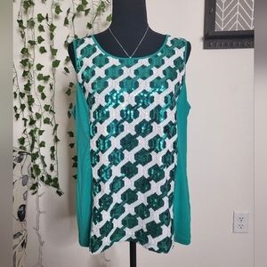 Bob Mackie Wearable Art Green White Geometric Sequin Tank Blouse Top